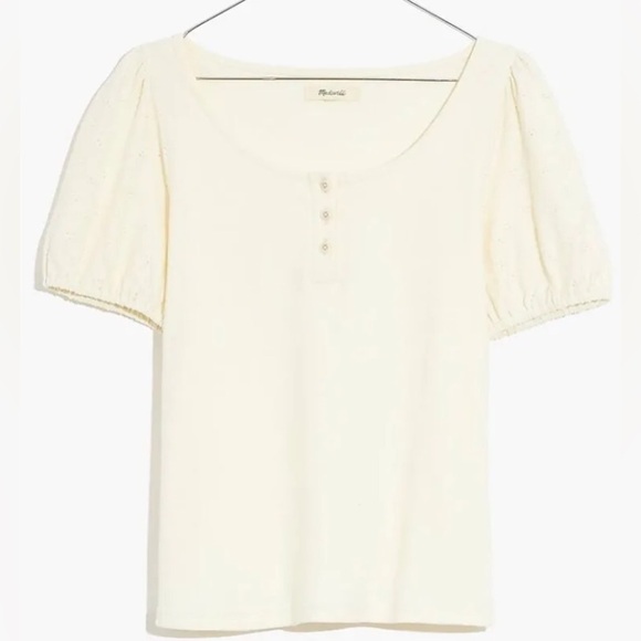 NWT Madewell Eyelet Sleeve Cotton Henley Top in Crème JCrew Popular officewear - Picture 3 of 16